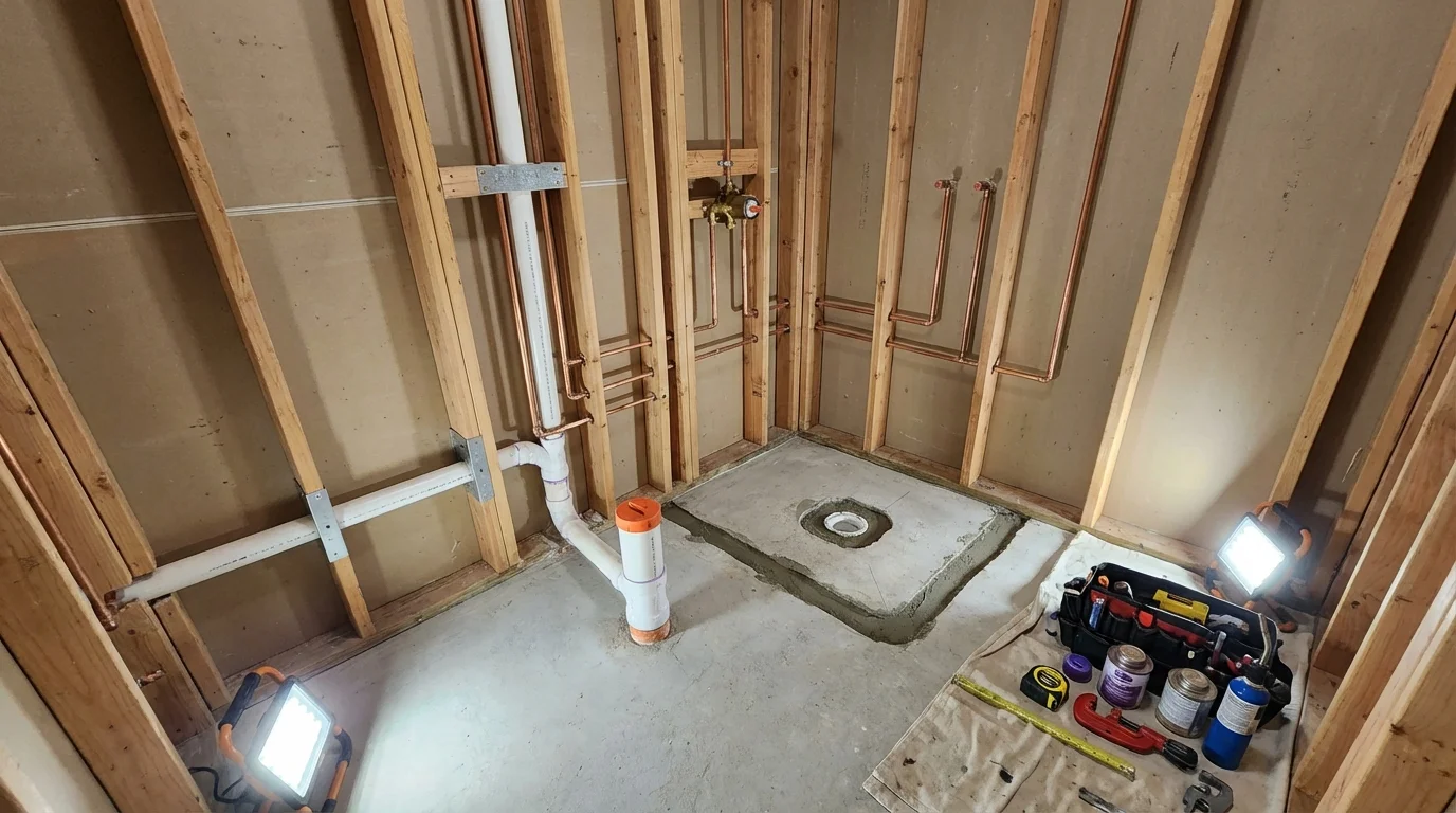 Bathroom rough-in plumbing during remodel by Johns Plumbing LLC in Lake Station