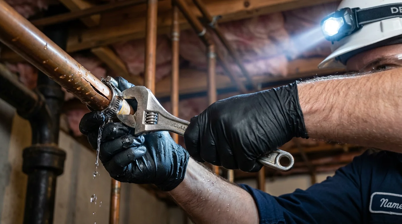 Emergency pipe clamp repair being performed by a Johns Plumbing LLC plumber in Lake Station