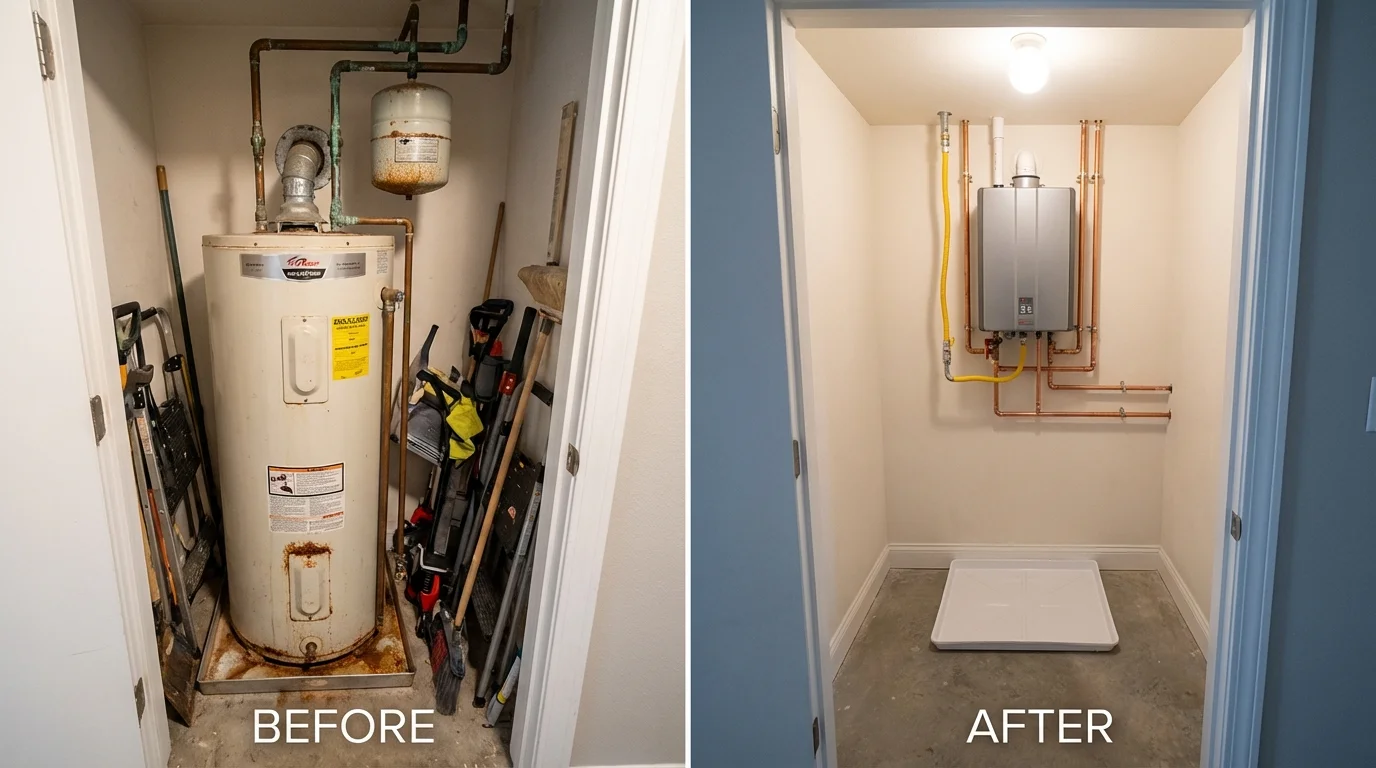 Tank water heater versus wall-mounted tankless unit comparison for Lake Station, IN homeowners