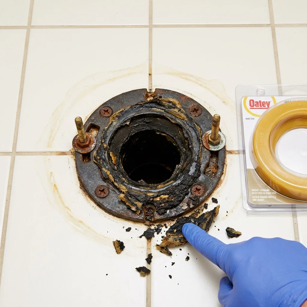 Failed wax ring showing water seepage at the base of a toilet in a Lake Station, IN home