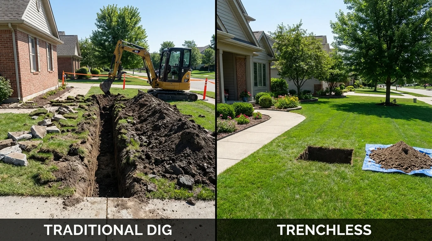 Trenchless sewer repair with minimal yard damage versus traditional excavation in Lake Station, IN