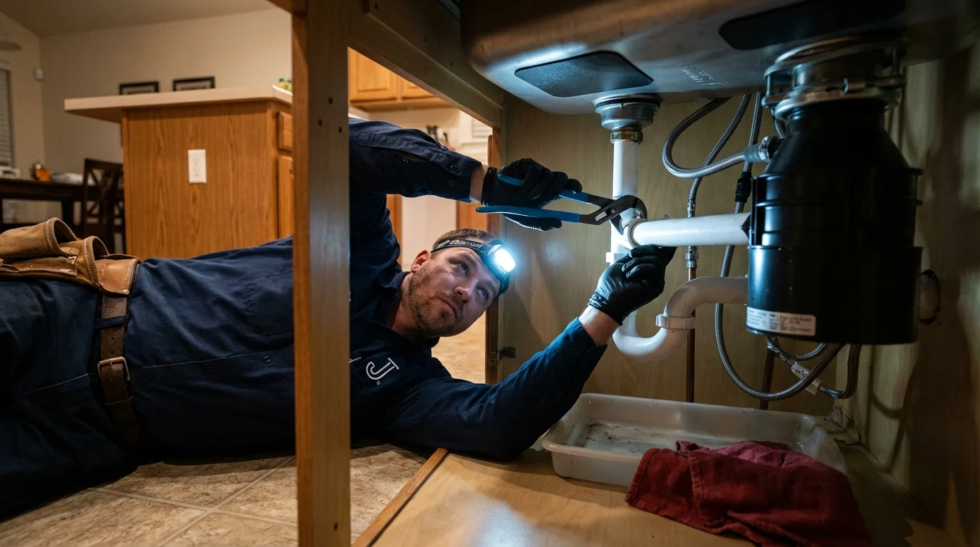P-trap and supply line connections under a kitchen sink showing a common leak point in Lake Station, IN